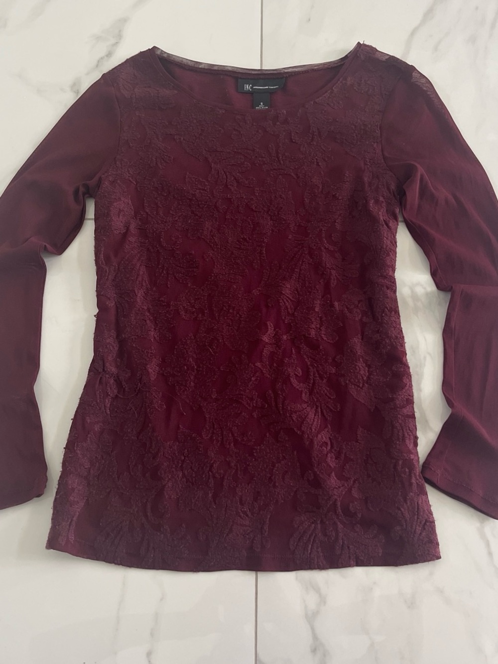 INC International Concepts Wine Lace-Front Long Sleeve Top